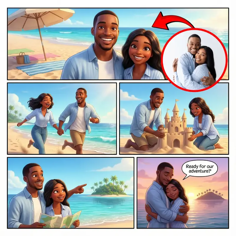 A couple drawn as 3D animated cartoon characters on a beach, in the style Cartoon It generates from a photo.